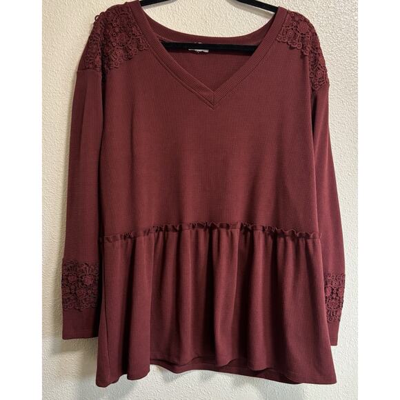 Woman’s Waffle Knit Baby Doll Tunic Long Sleeve Pullover Plus Size 1X Lace Wine - Picture 1 of 8